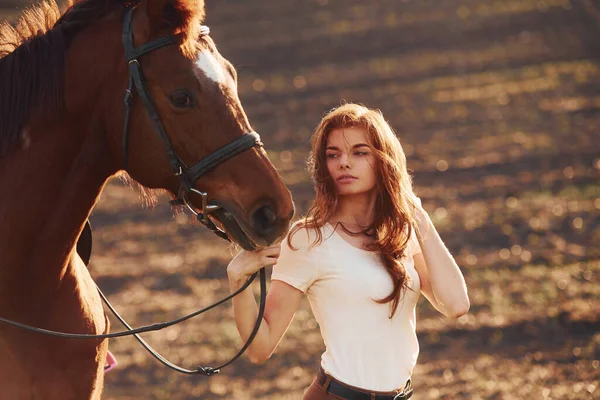 Young Woman Standing Her Horse Agriculture Field Sunny Daytime —  Fotos de Stock