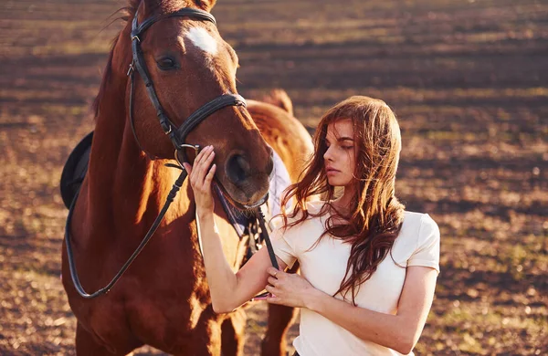 Молодая Женщина Стоящая Своей Лошадью Поле Сельского Хозяйства Солнечный День — стоковое фото