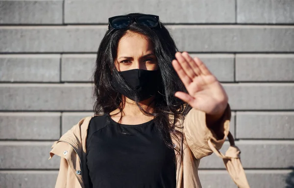 Showing Stop Gesture Hand Protective Mask Beautiful Brunette Curly Hair — Stock Fotó