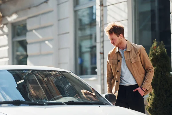 Walks His Car Elegant Young Man Formal Classy Clothes Outdoors — Stok fotoğraf