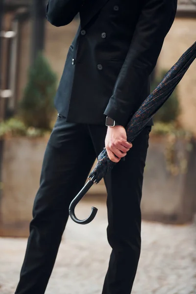 Close View Holding Umbrella Elegant Young Man Formal Classy Clothes — Stock Photo, Image