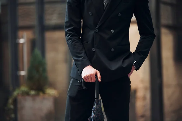 Close View Holding Umbrella Elegant Young Man Formal Classy Clothes — Foto Stock