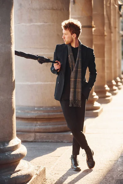 Holding Umbrella Elegant Young Man Formal Classy Clothes Outdoors City — Stockfoto