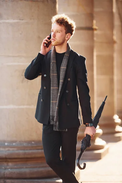 Elegant Young Man Formal Classy Clothes Standing Talking Phone Outdoors — Stockfoto