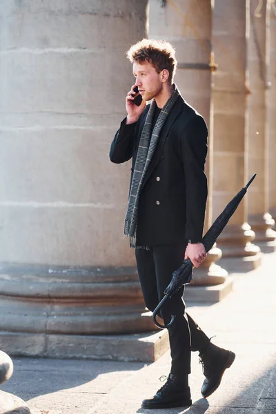 Elegant Young Man Formal Classy Clothes Standing Talking Phone Outdoors — Stockfoto