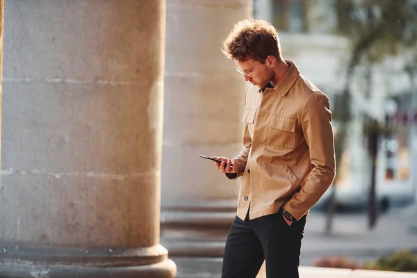 Holding Phone Hand Elegant Young Man Formal Classy Clothes Outdoors — Stok fotoğraf