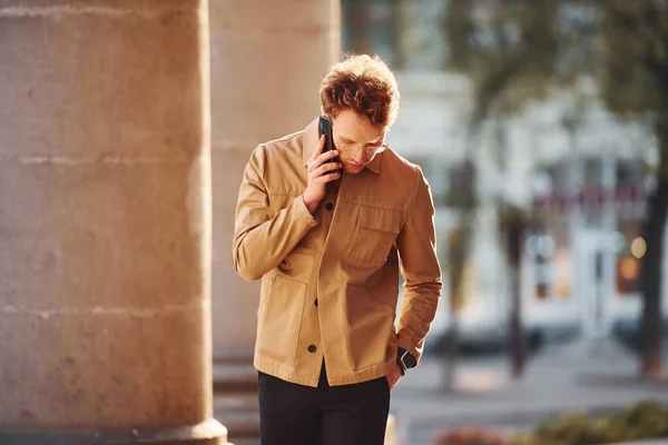 Talking Phone Elegant Young Man Formal Classy Clothes Outdoors City — Stockfoto