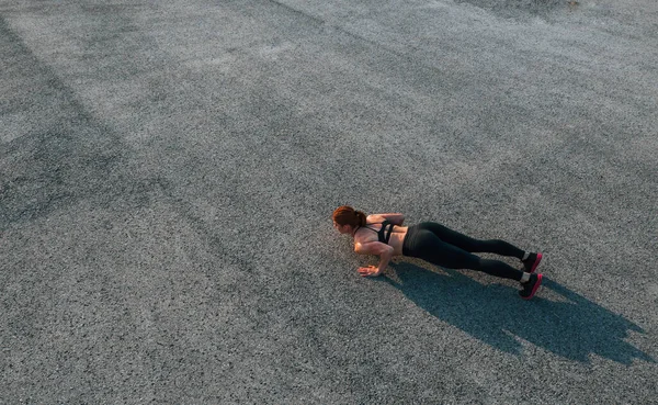 Doing Push Ups Top View Woman Have Fitness Day Road — Φωτογραφία Αρχείου