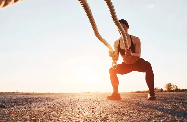 Woman Sportswear Training Knots Road Evening Time — Fotografia de Stock