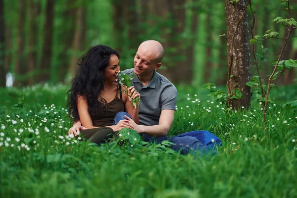 Pareja Feliz Sentada Hierba Juntos Bosque Durante Día —  Fotos de Stock