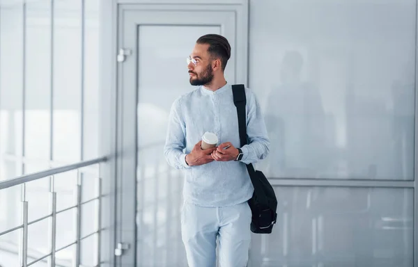 Holding Cup Drink Black Bag Young Handsome Man Formal Clothes — Stockfoto