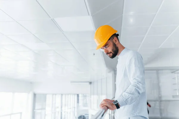 Front View Engineer White Clothes Orange Protective Hard Hat Standing — Stockfoto