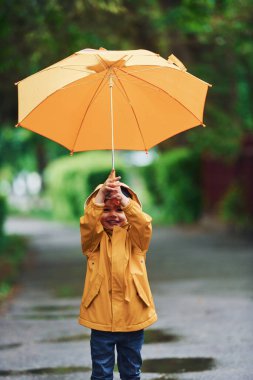 Sarı su geçirmez pelerinli, çizmeli ve şemsiyeli çocuk yağmurdan sonra dışarıda oynuyor..