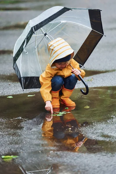 Kid Yellow Waterproof Cloak Boots Umbrella Playing Outdoors Rain — Stock Photo, Image