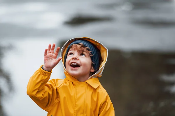 Kid Yellow Waterproof Cloak Boots Playing Outdoors Rain — Stok fotoğraf