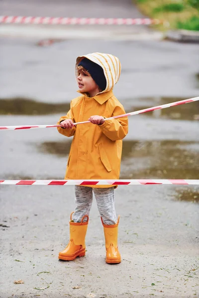 Kid Yellow Waterproof Cloak Boots Playing Outdoors Protective Tape Rain — Stok fotoğraf