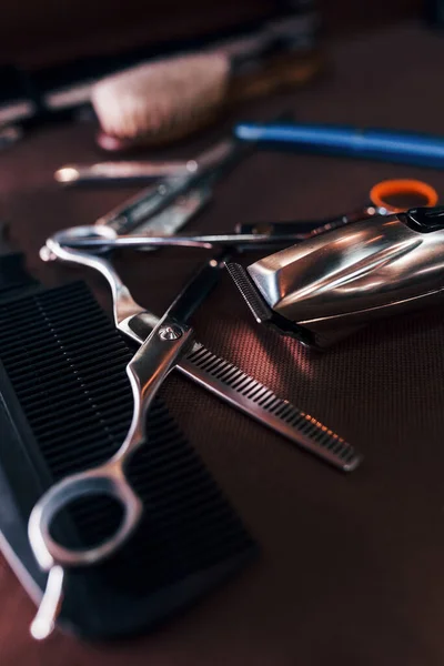 Close View Vintage Barber Shop Tools Lying Table — Stockfoto