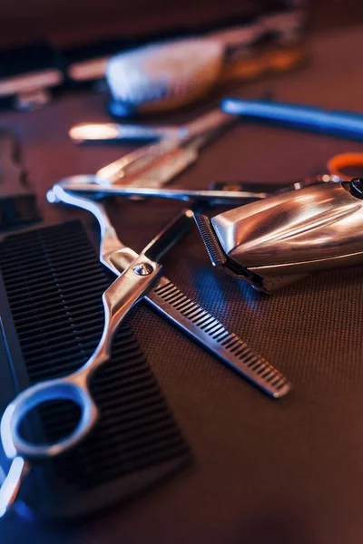 Close View Vintage Barber Shop Tools Lying Table — Stockfoto