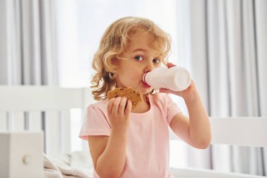 Yatakta oturmak, kurabiye yemek ve süt içmek. Gündüz vakti evde rahat giyimli şirin küçük bir kız var..