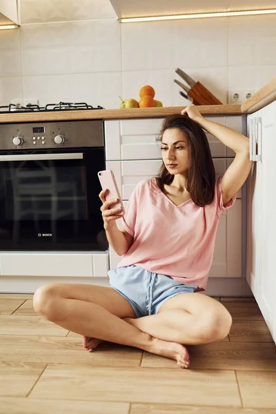 Holding Phone Young Woman Resting Spending Weekend Home Alone Home — Stock Photo, Image