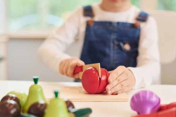 Close View Little Girl Casual Clothes Have Fun Playing Toys — Stock Photo, Image