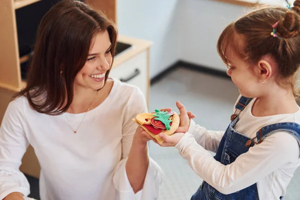 Young Woman Little Girl Playing Toys Together Kitchen — Stock Photo, Image