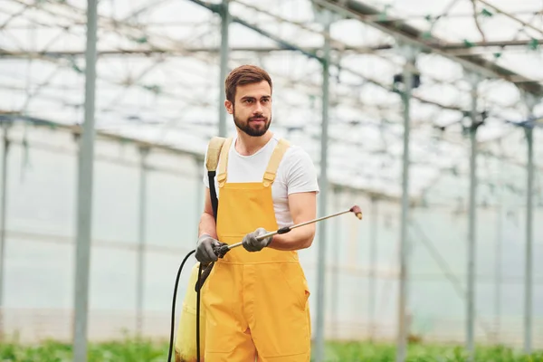 Young Greenhouse Worker Yellow Uniform Watering Plants Using Special Equipment — 图库照片