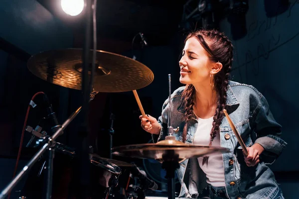 Plays Drums Young Beautiful Female Performer Rehearsing Recording Studio — Foto de Stock