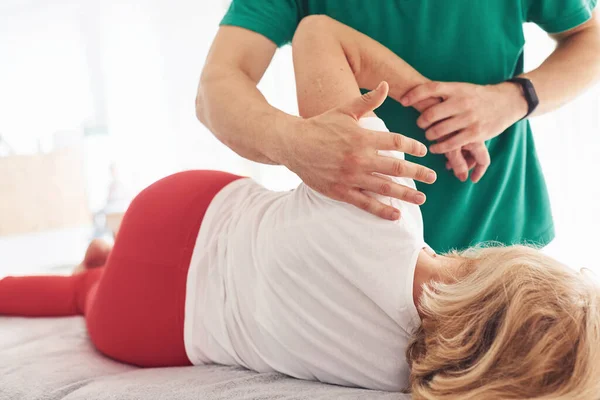 Older Woman Have Visit Clinic Lying Having Rehabilitation Male Instructor — Stock Photo, Image