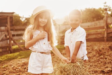 Avrupalı bir kızla küçük tatlı bir Afrikalı Amerikalı çocuk çiftlikte..