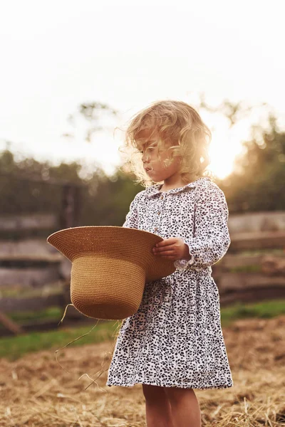 Маленька Дівчинка Синьому Одязі Фермі Літній Час Відкритому Повітрі — стокове фото