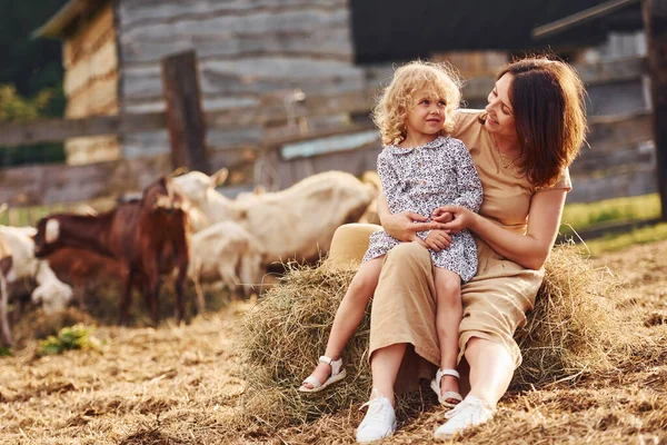 娘と一緒に若い母親はヤギと夏に農場にいます — ストック写真
