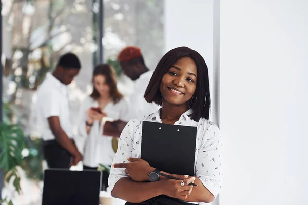 Holding Notepad Group African American Business People Working Office Together — Stock Photo, Image