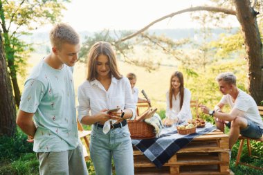 Bir grup gencin dışarıda, ormanda tatili var. Hafta sonu ve arkadaşlık kavramı.
