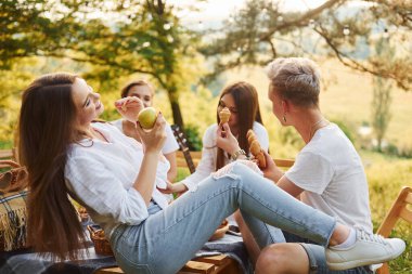 Elma ve kurabiye yiyorum. Bir grup gencin dışarıda, ormanda tatili var. Hafta sonu ve arkadaşlık kavramı.