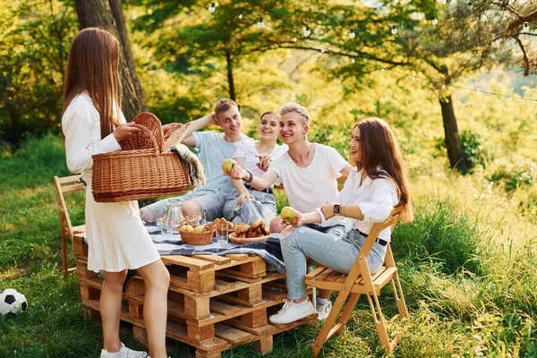 Vrouw Met Mand Met Eten Groep Jongeren Hebben Vakantie Buiten — Stockfoto