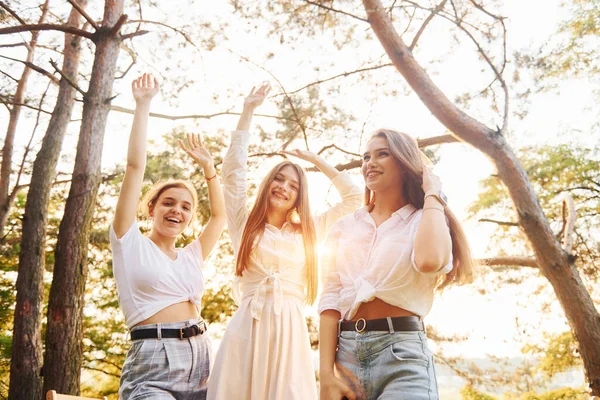 Mutlu Kadınlar Bir Grup Gencin Dışarıda Ormanda Tatili Var Hafta — Stok fotoğraf