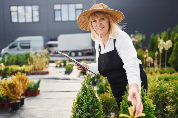 Blocco Note Mano Donna Anziana Giardino Giorno Concezione Piante Stagioni — Foto Stock