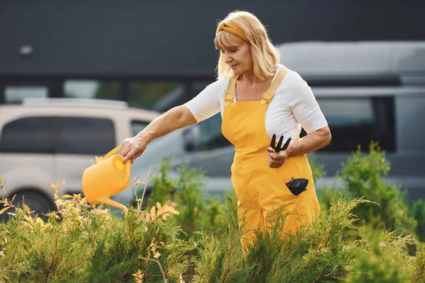 Starší Žena Žluté Uniformě Zahradě Dne Zalévání Rostlin — Stock fotografie
