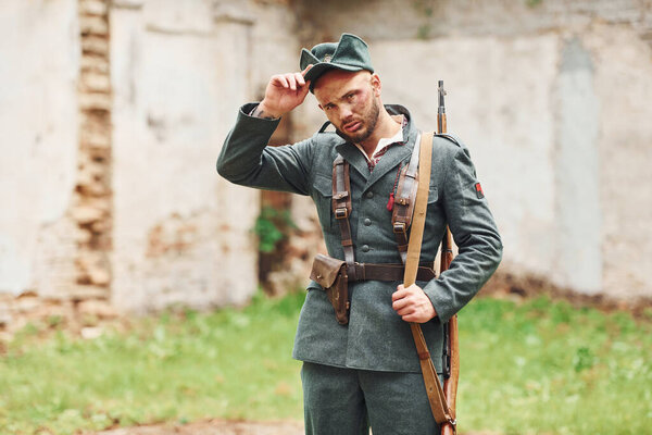 TERNOPIL, UKRAINE - June 2020 UPA Ukrainian Insurgent Army movie filming. Pictures of backstage. Young soldier with weapon.