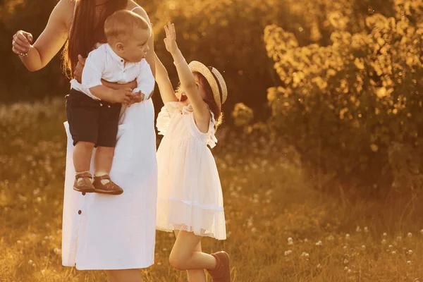 Happy Family Mother Little Son Daughter Spending Free Time Field — Stock Photo, Image