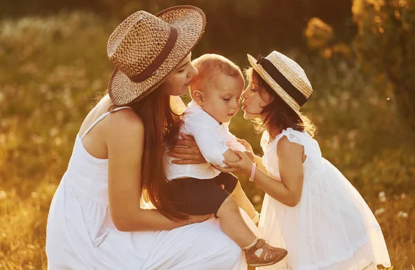 Happy Family Mother Little Son Daughter Spending Free Time Field — Stock Photo, Image