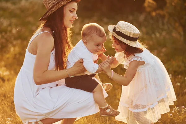 Happy Family Mother Little Son Daughter Spending Free Time Field — Stock Photo, Image