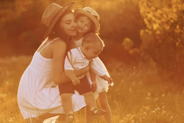 Happy Family Mother Little Son Daughter Spending Free Time Field — Stock Photo, Image