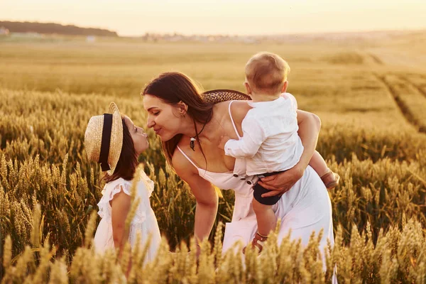 Cheerful Family Mother Little Son Daughter Spending Free Time Field — Stock Photo, Image