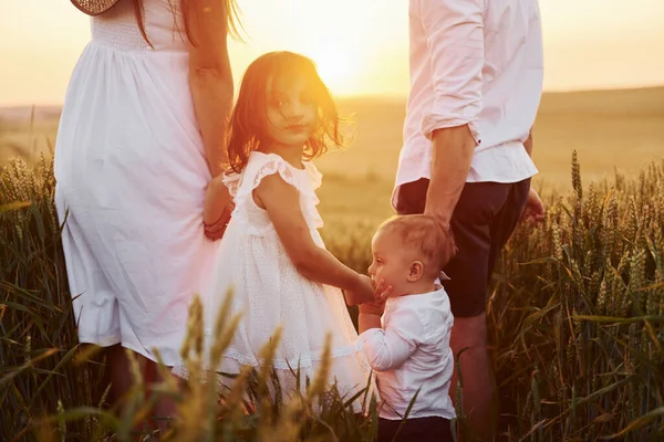 View Family Four People Spending Free Time Field Sunny Day — Stock Photo, Image