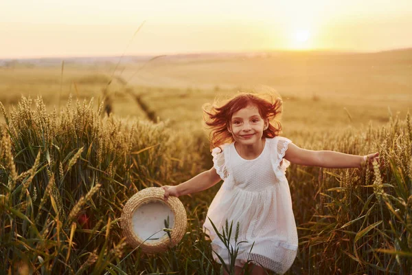 Cheerful Little Girl White Dress Running Agricultural Field Summer Day — Stock Photo, Image