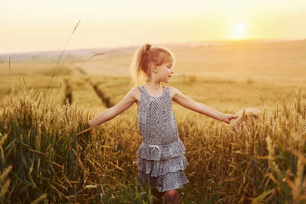 Маленькая Девочка Стоящая Сельскохозяйственном Поле Вечернее Время Концепция Летнего Свободного — стоковое фото