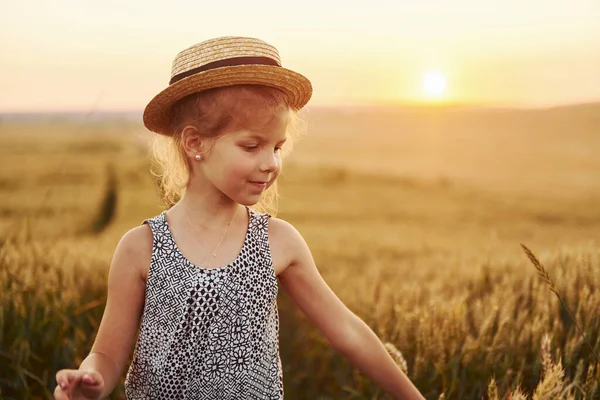 Little Girl Standing Agricultural Field Evening Time Conception Summer Free — Stock Photo, Image