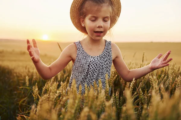 Little Girl Standing Agricultural Field Evening Time Conception Summer Free — Stock Photo, Image